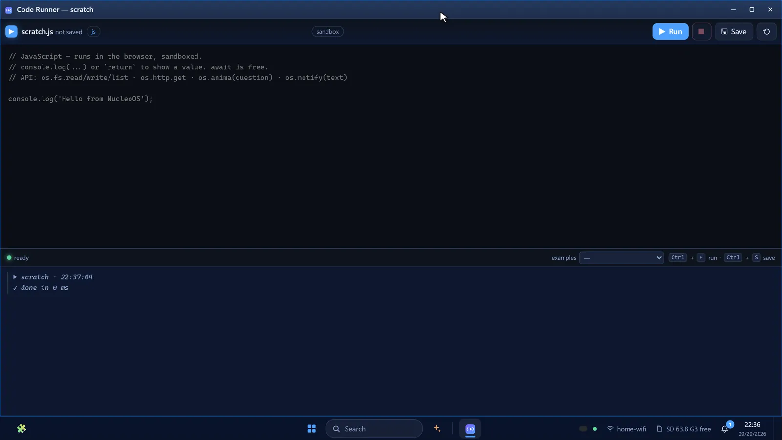 Code Runner with an os.* scripting API
