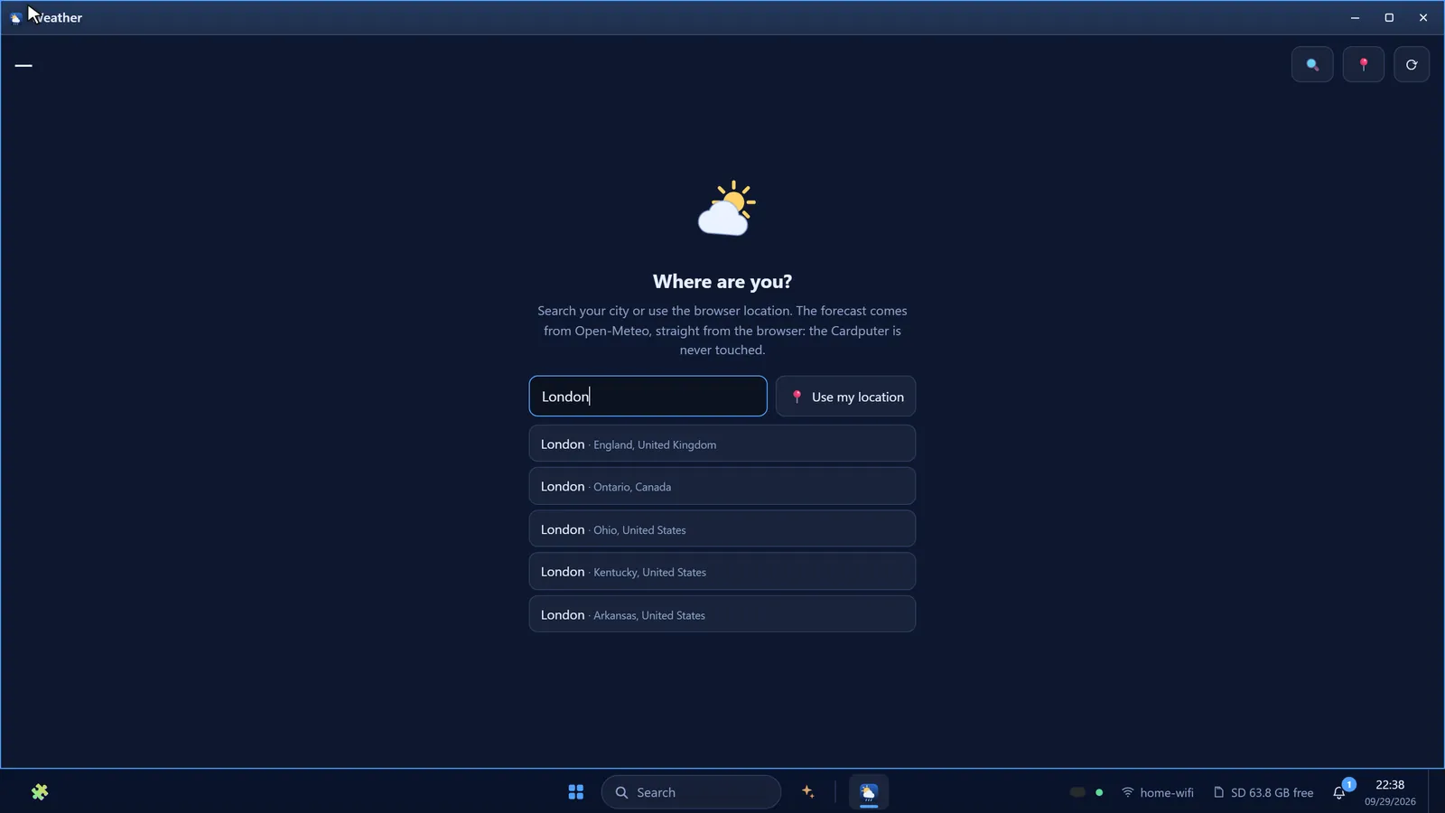 Weather, fetched by your browser — never by the Cardputer